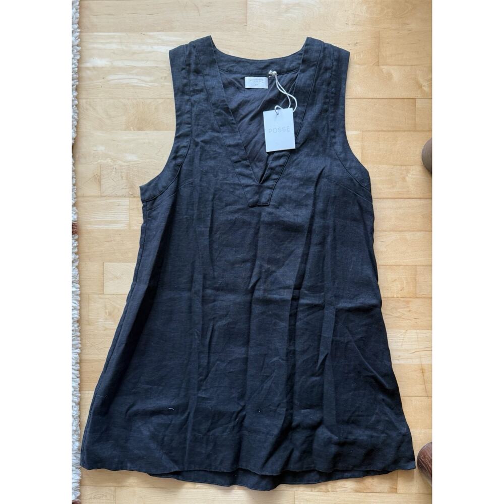 NWT Posse Black Linen V Neck Mini Dress Sleeveless M - Picture 2 of 4